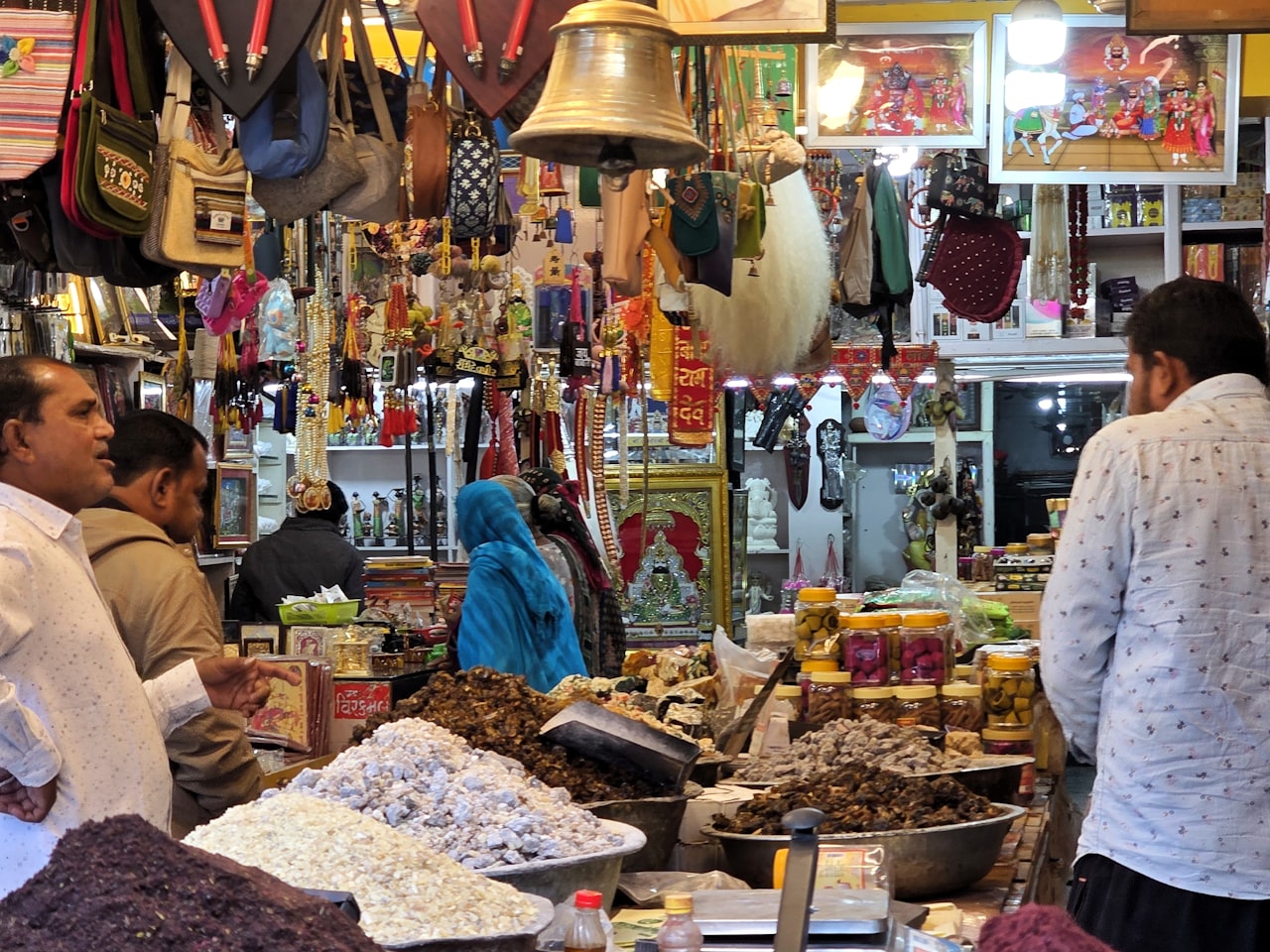 A market stall stacked with spices in India