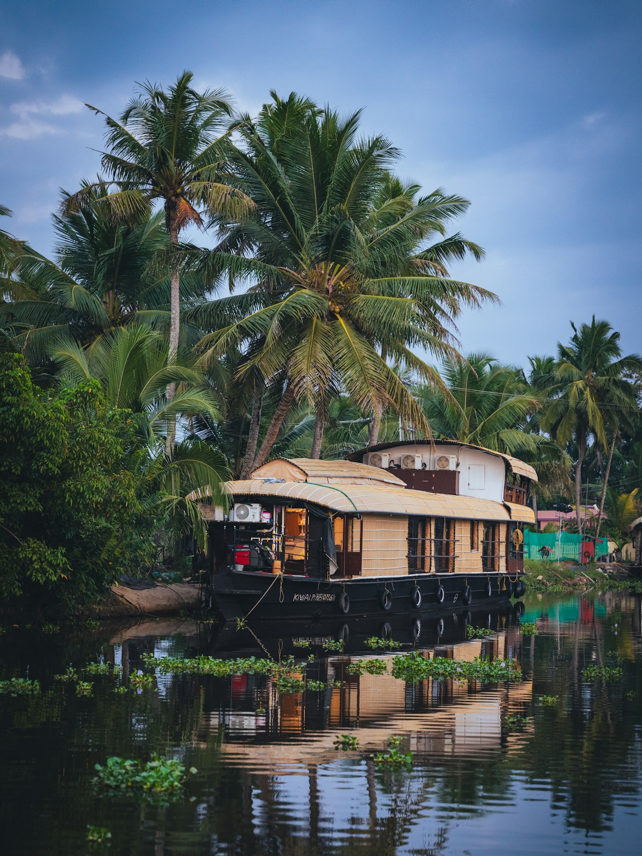 A traditional houseboat moored on the Kerala backwaters, India