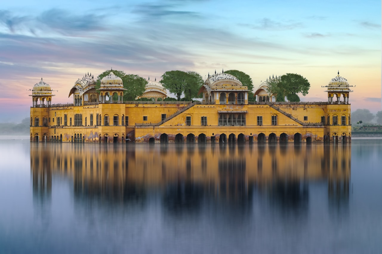 A palace standing on still water at Jal Mahal, Jaipur, Rajasthan