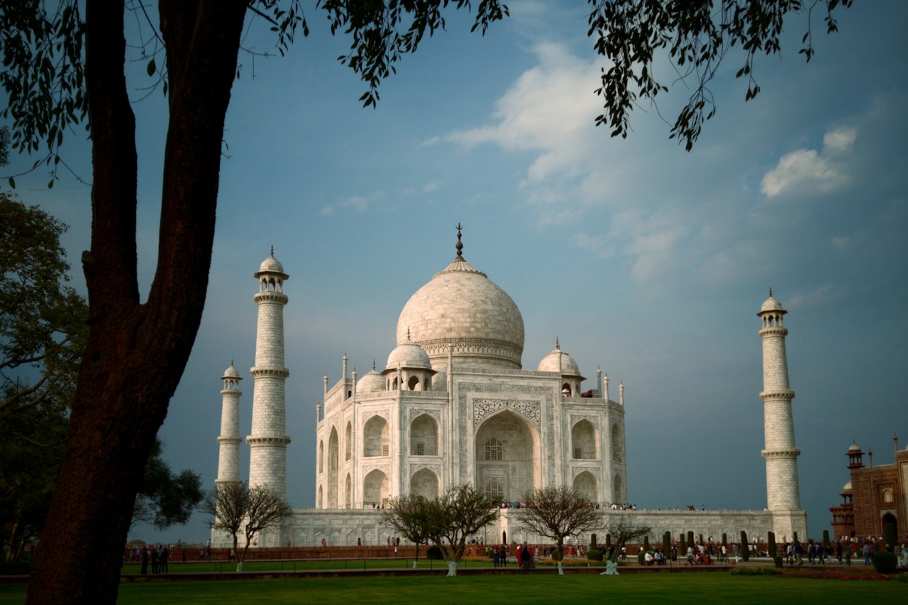 The Taj Mahal in Agra framed by trees in the foreground