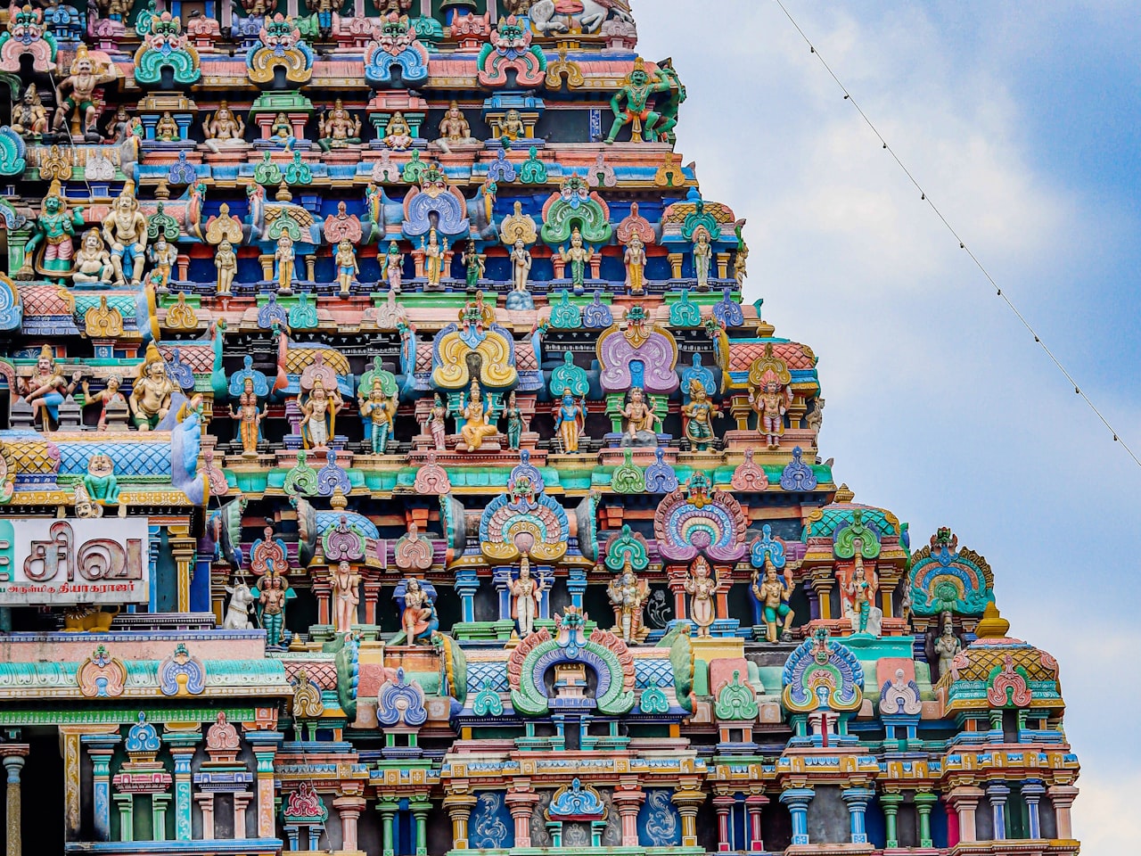 A carved South Indian temple tower against a clear sky